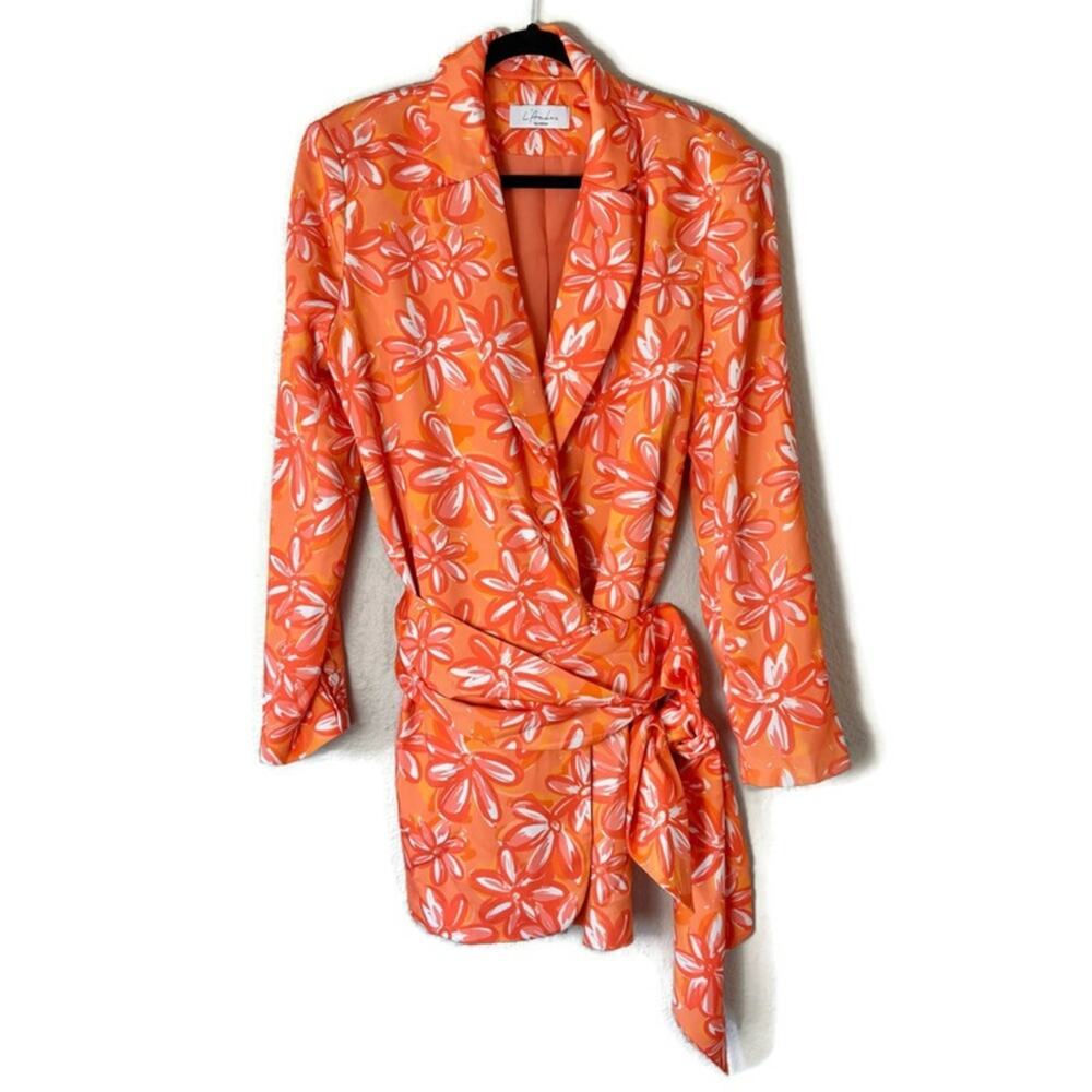 L’Academie The Bianca Wrap Orange Floral Padded Shoulder Mini Dress Size XL